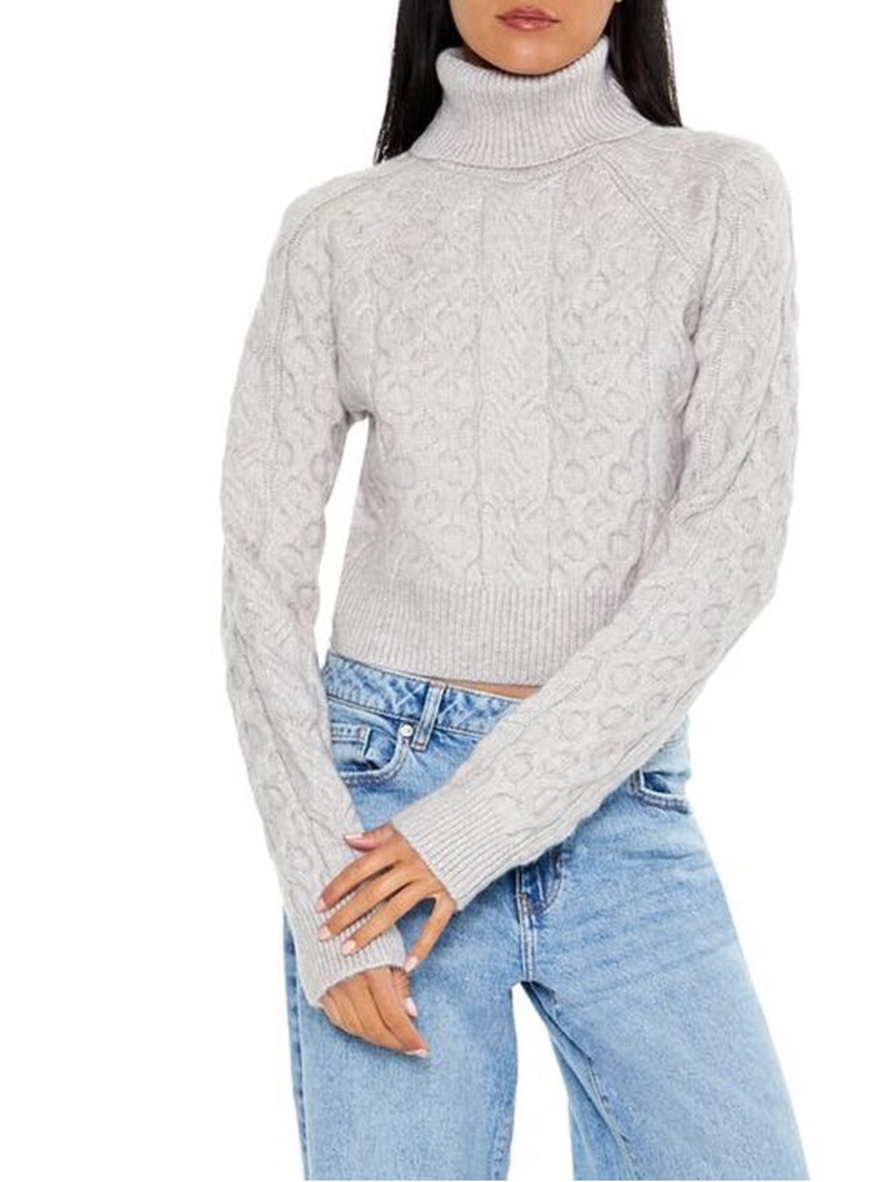 Cropped Cable Knit Turtleneck Sweater - Light Gray
